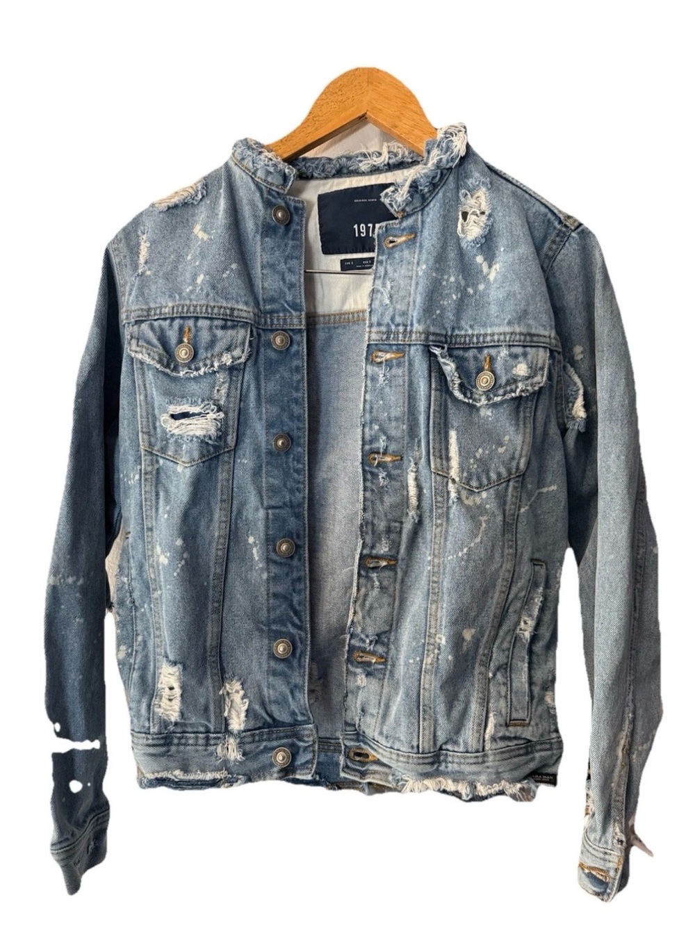 Zara Light Blue Paint Splatter Distressed Denim Jacket Mens Size Small